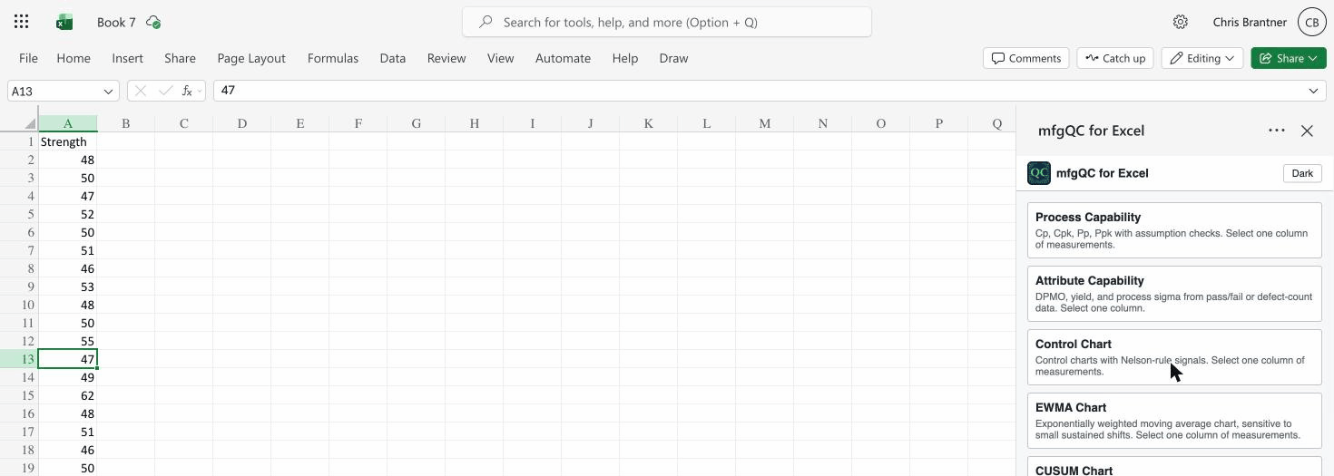 mfgQC task pane open in Excel showing its quality tools next to a column of data