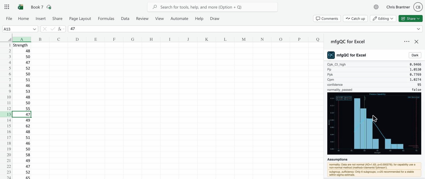 Process capability result with histogram and assumption checks in the Excel task pane