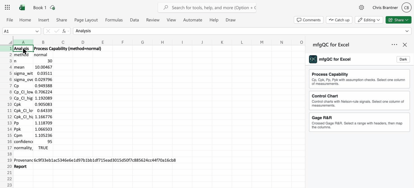 Analysis and provenance digest written into an Excel worksheet