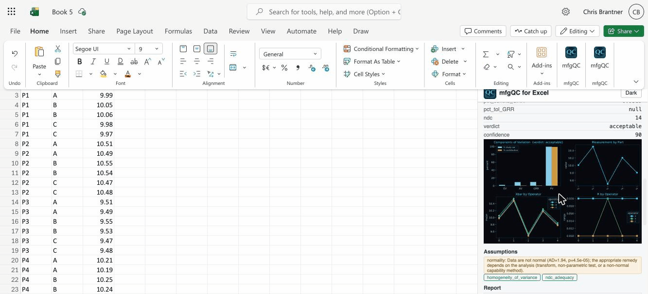 Gage R&R result with components of variation and range charts in Excel